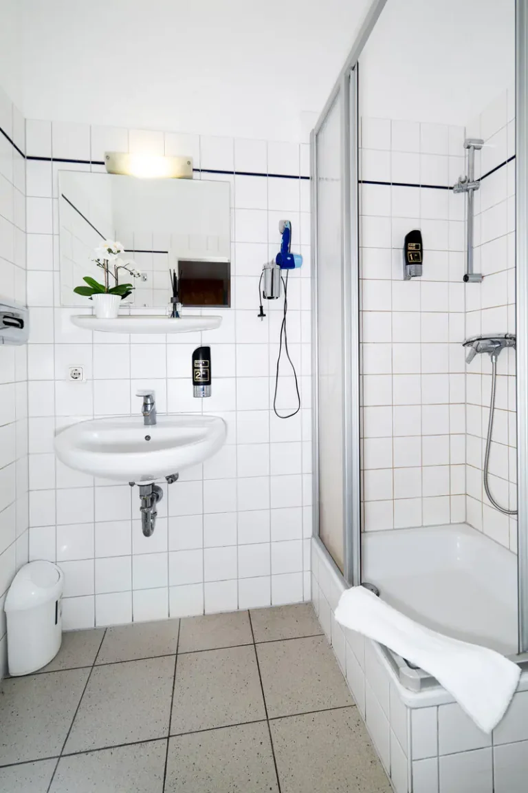 Badezimmer mit Dusche und Waschbecken im Zweibettzimmer Kleinmachnow Wohnung 1